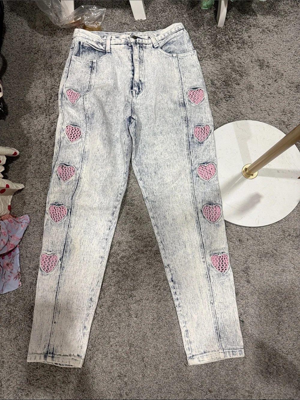Vintage Zanadi Light Wash Women’s Jeans with Pink Heart crochet 13/14 denim
